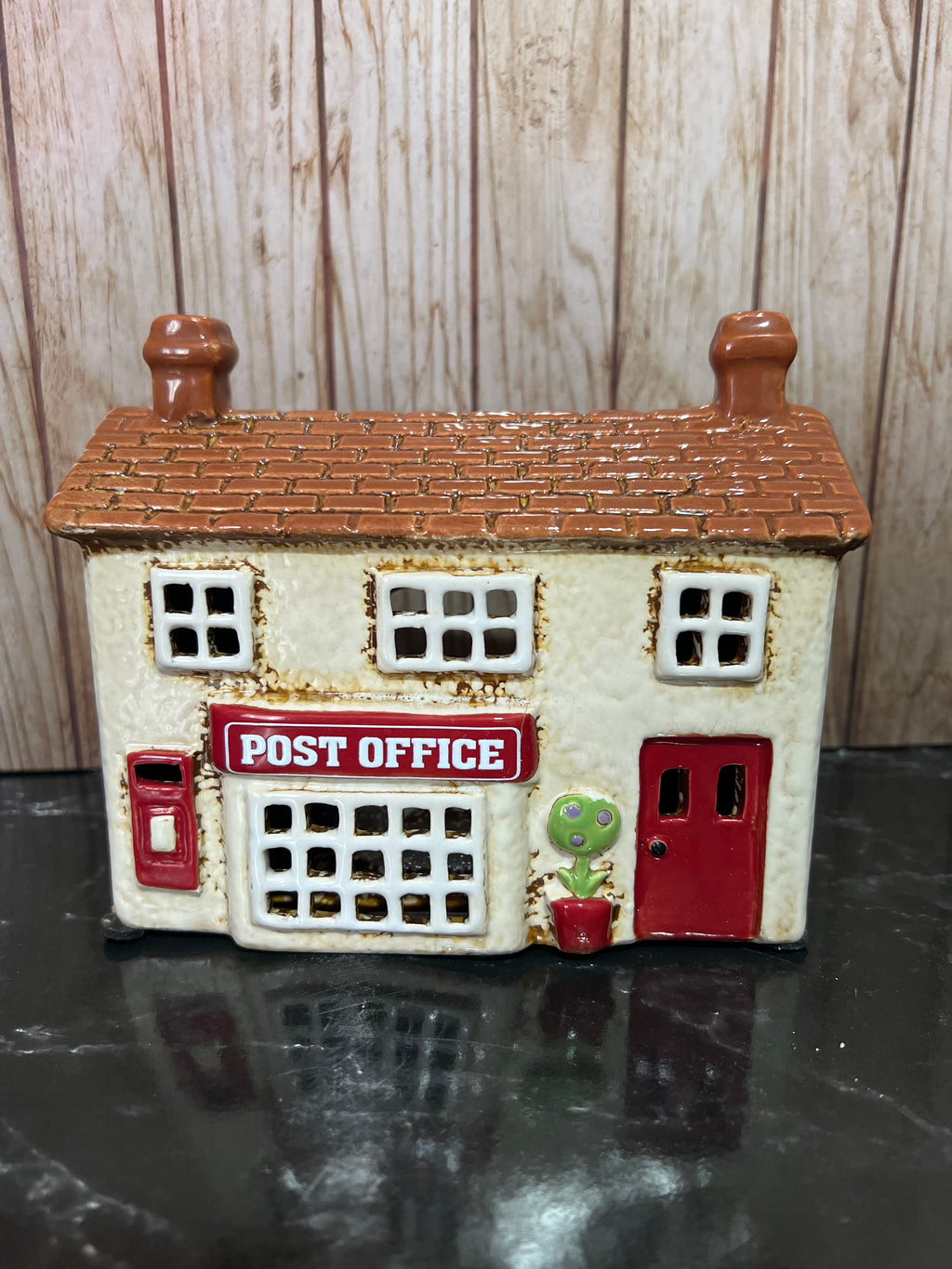 Post Office Ceramic Tea Light Holder with Post Box and Pot Plants