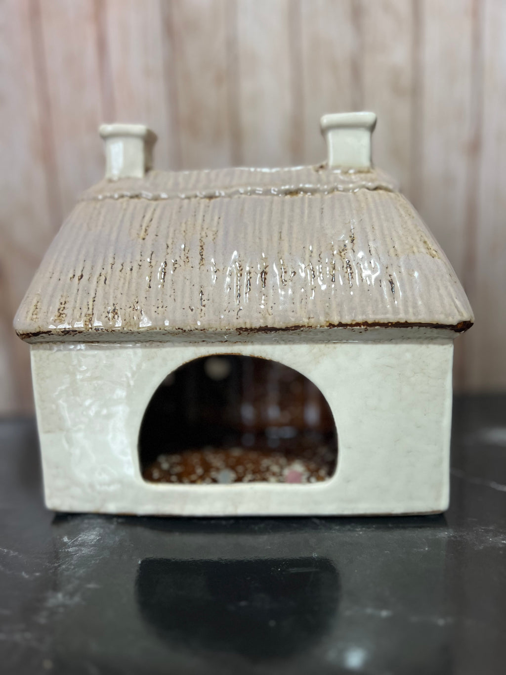 2 Door Thatched Garden House Tea Light Holderwith Cat Waiting at Door 18cm W x 9cm D x 16cm H