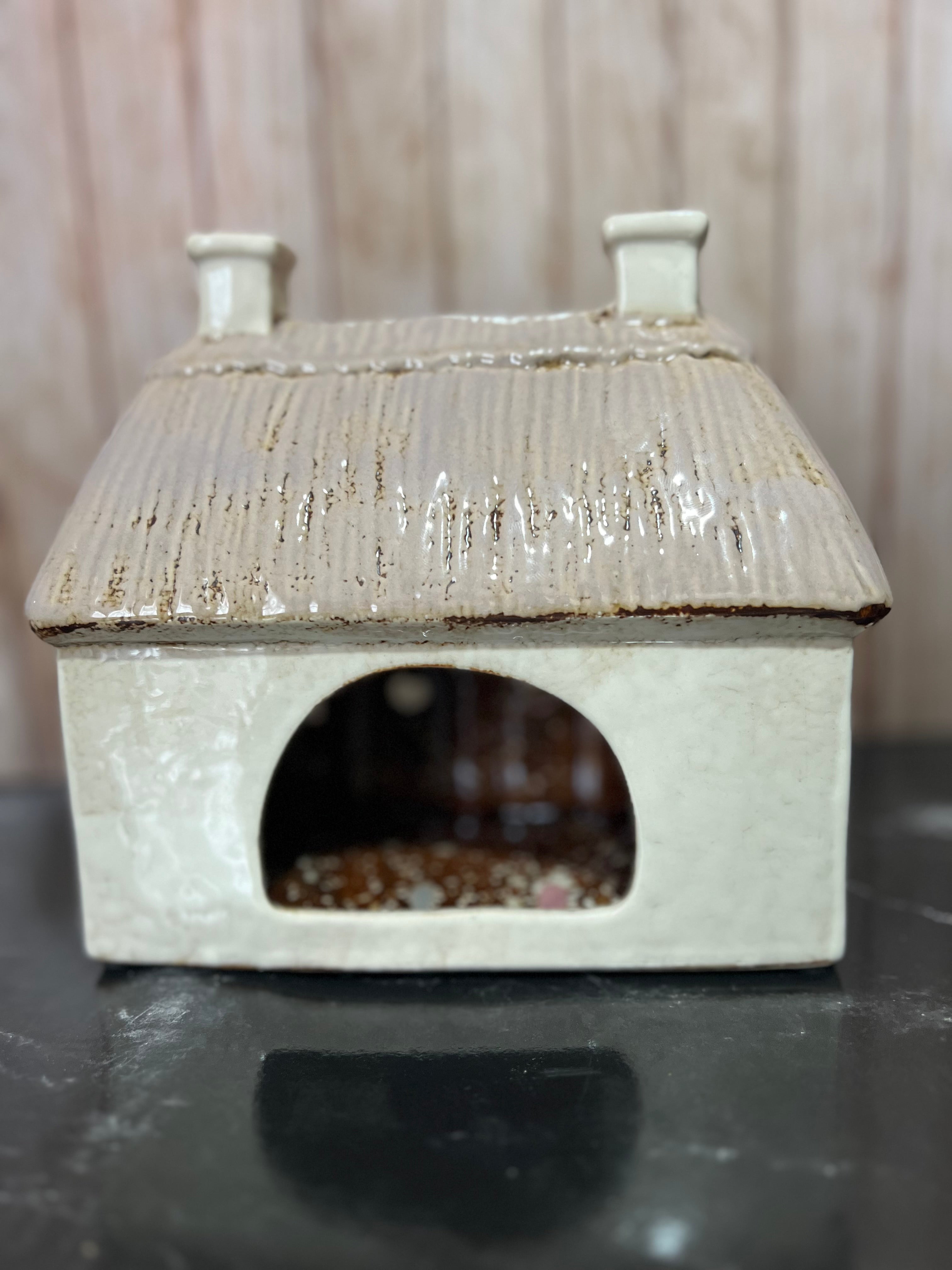 2 Door Thatched Garden House Tea Light Holderwith Cat Waiting at Door 18cm W x 9cm D x 16cm H