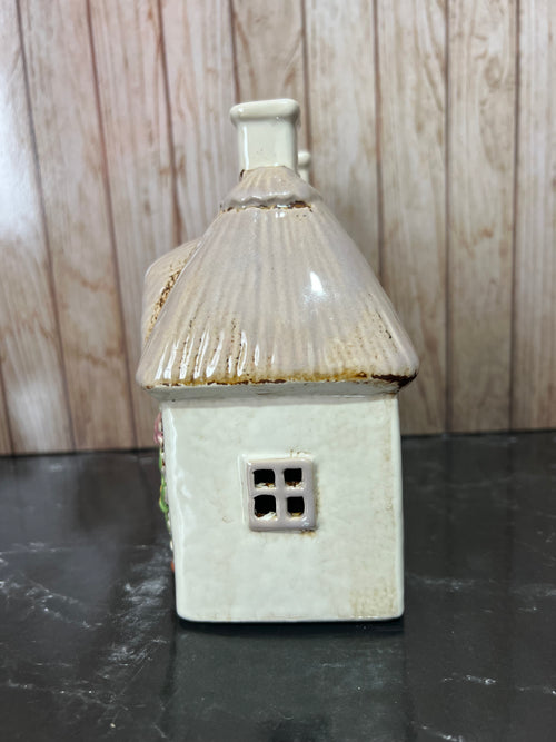 2 Door Thatched Garden House Tea Light Holderwith Cat Waiting at Door 18cm W x 9cm D x 16cm H