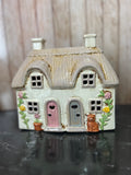 2 Door Thatched Garden House Tea Light Holderwith Cat Waiting at Door 18cm W x 9cm D x 16cm H