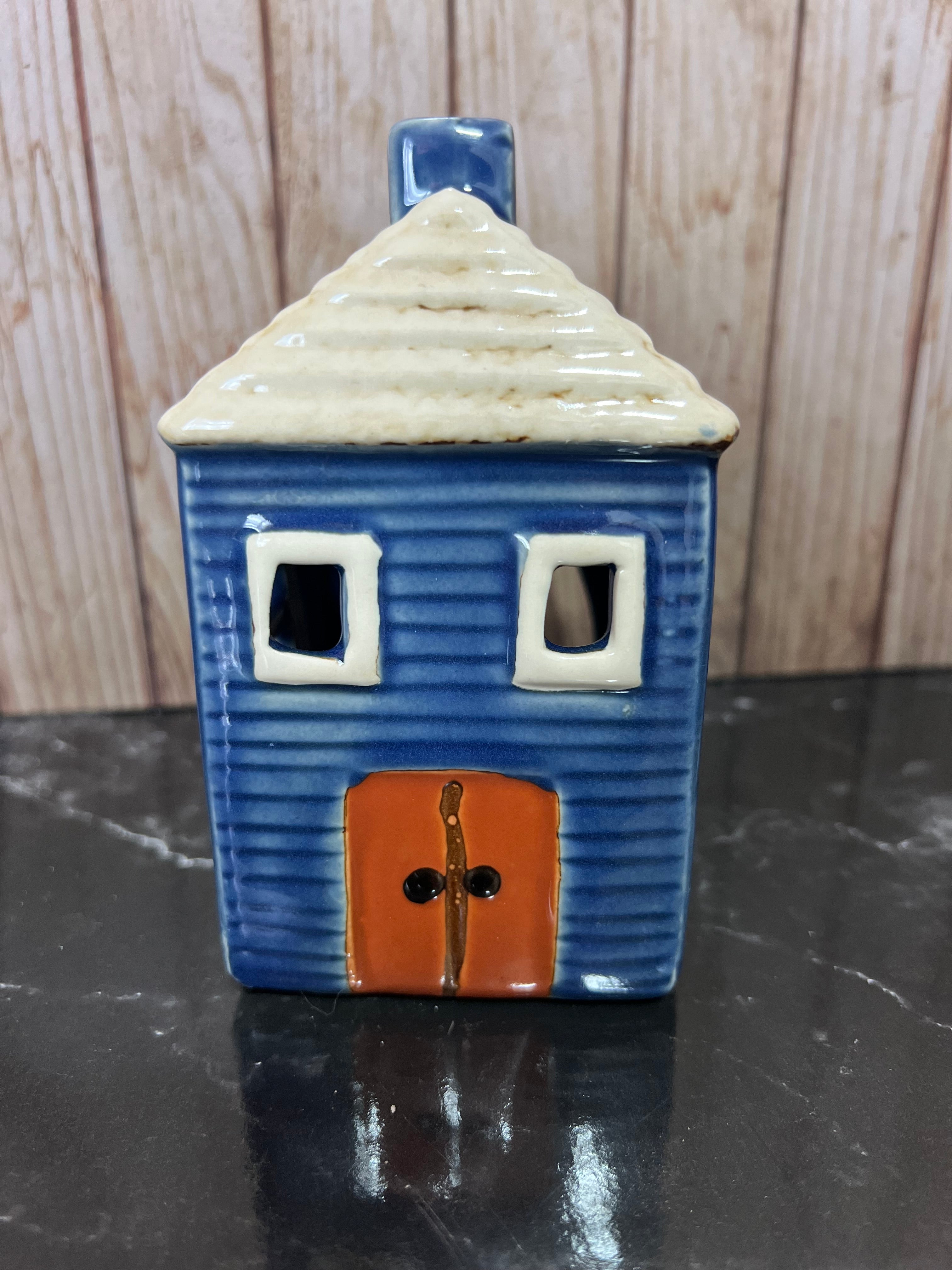Small Dark Blue House Ceramic Tea Light Holder