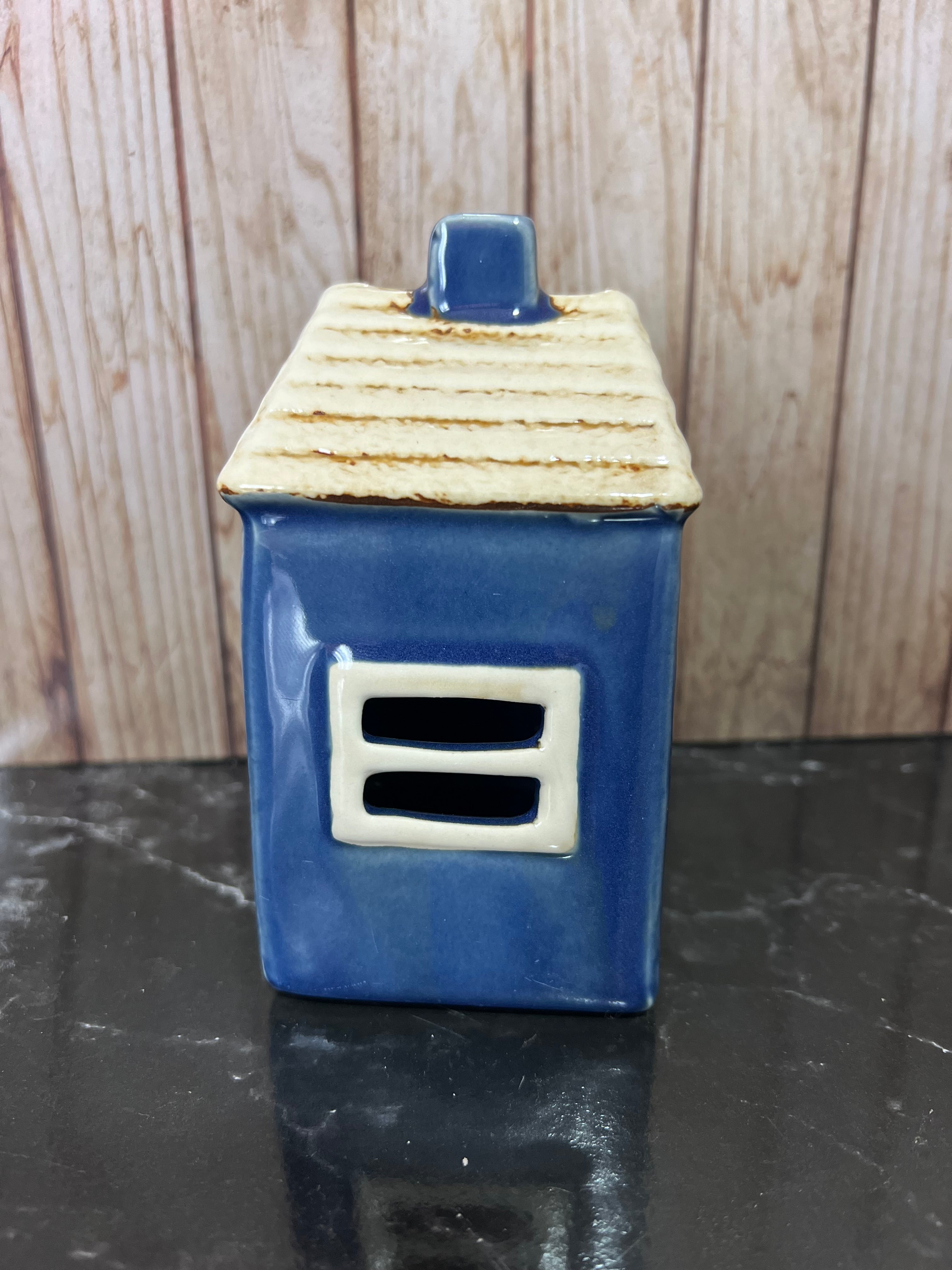 Small Dark Blue House Ceramic Tea Light Holder