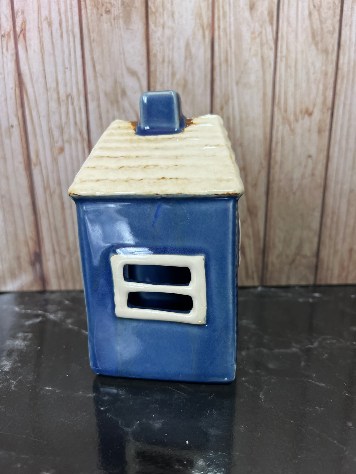 Small Dark Blue House Ceramic Tea Light Holder
