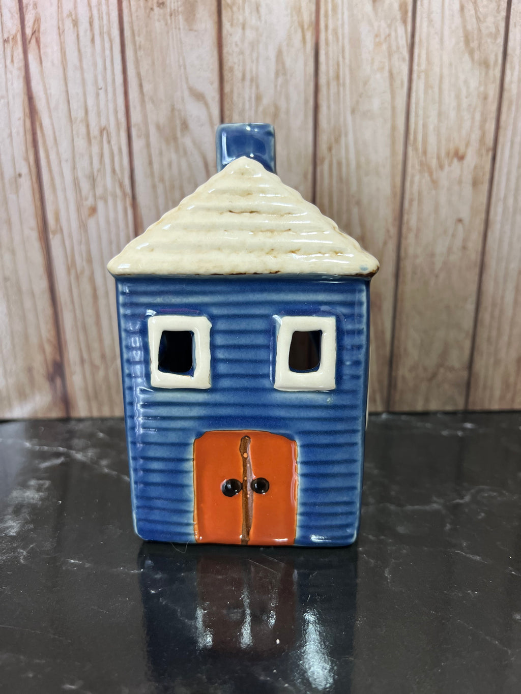 Small Dark Blue House Ceramic Tea Light Holder
