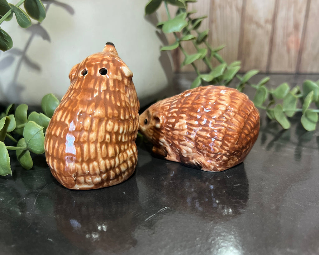 Hedgehog salt and pepper shakers with ceramic design, charming kitchen décor and whimsical appeal.