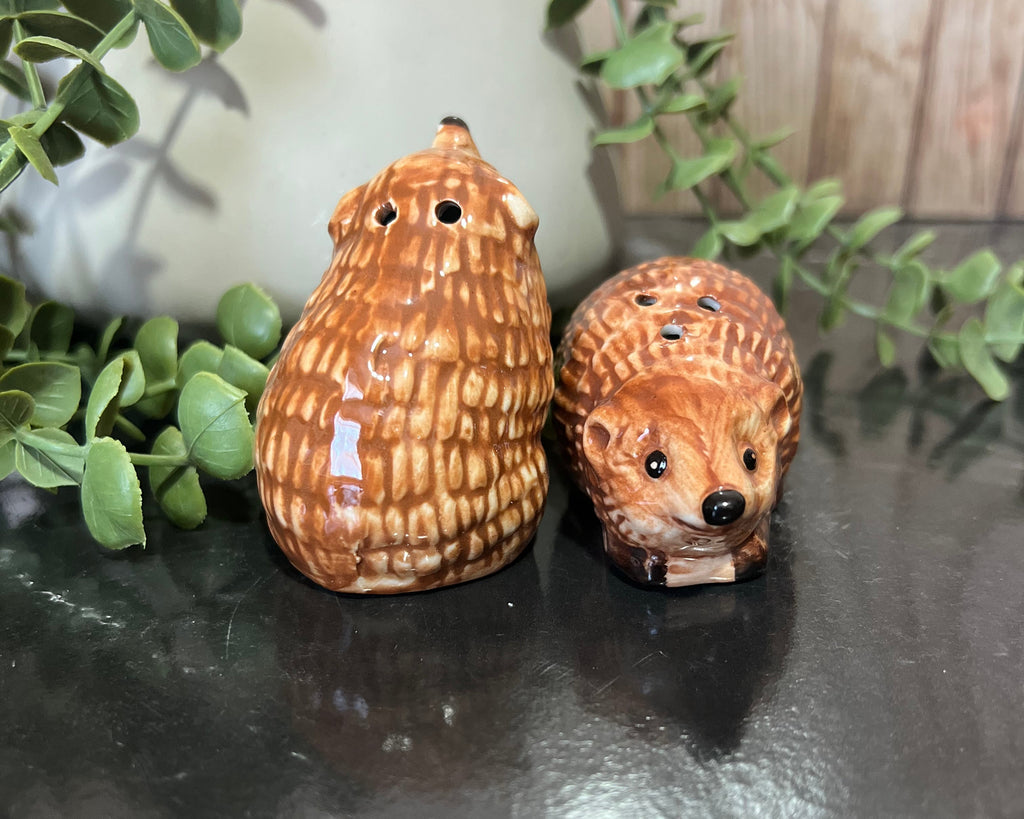Hedgehog salt and pepper shakers featuring charming hedgehog designs for whimsical kitchen décor.