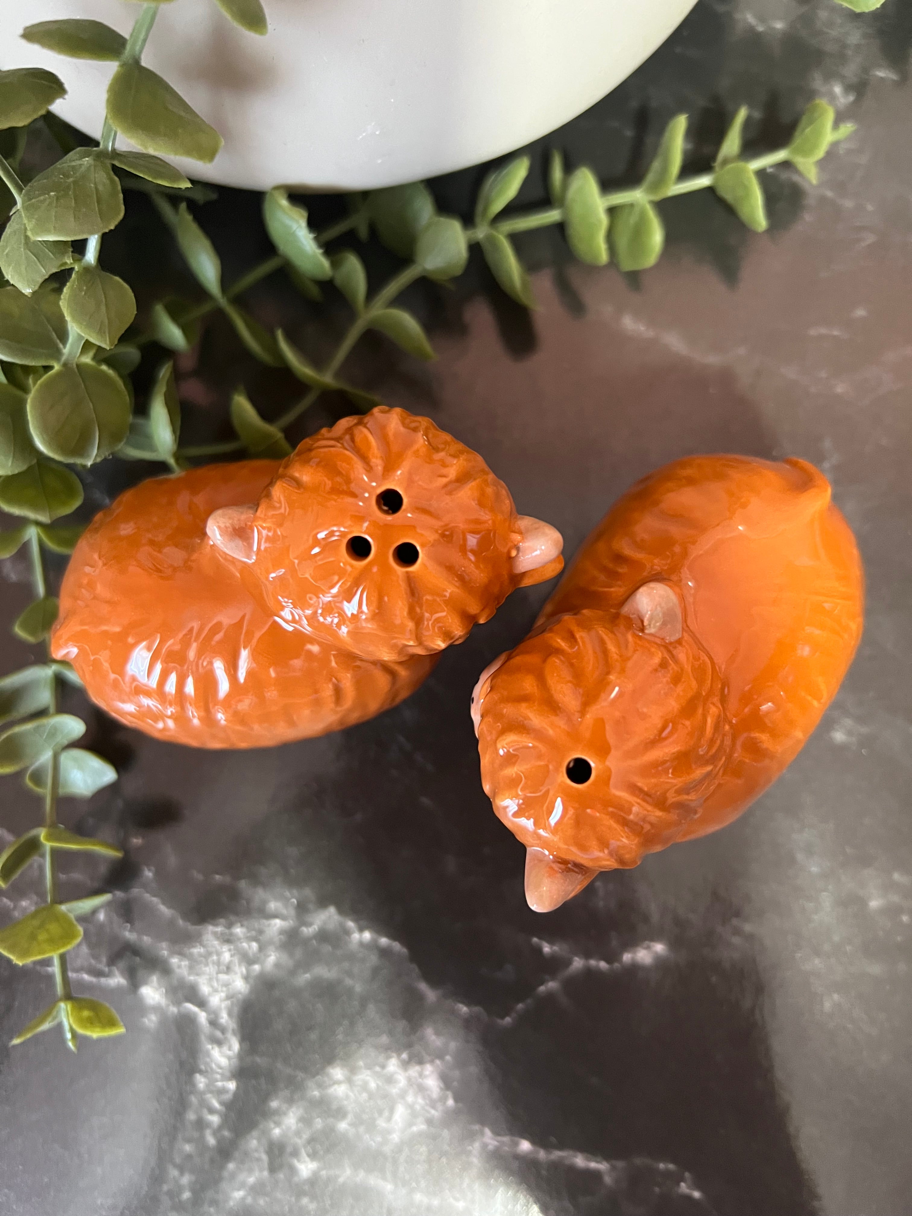 Highland cow salt and pepper shakers in ceramic with warm coloring and cute features.