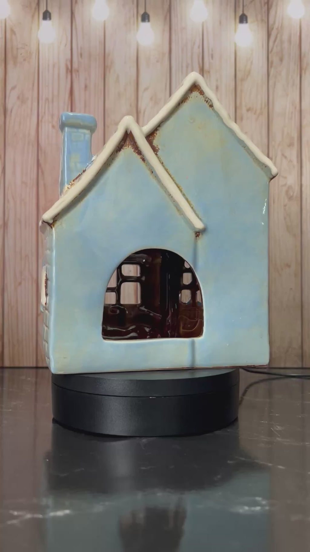 Blue Double House Ceramic Tea Light Holder with Shutters