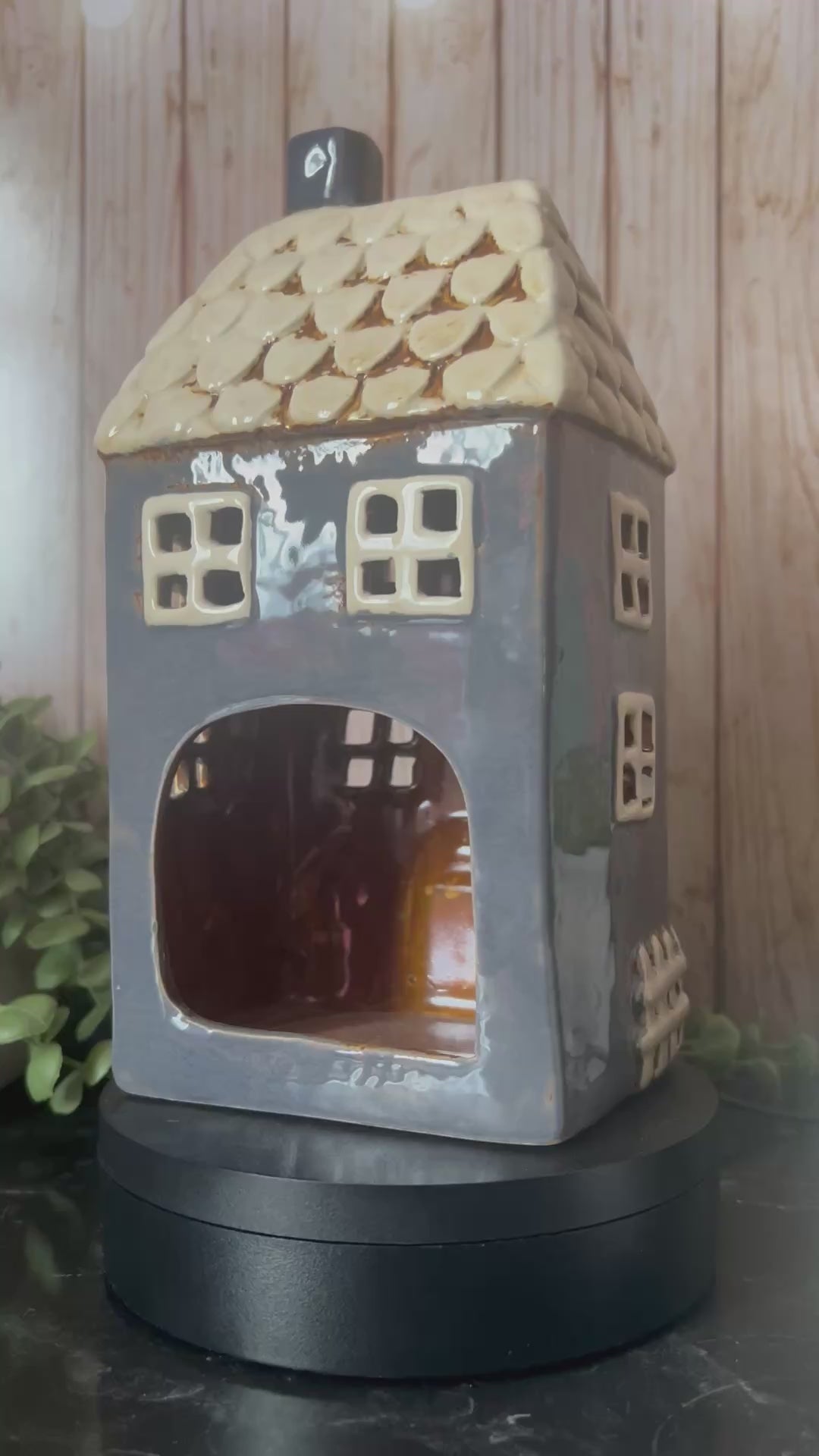 Tall Grey House With Lots of Detail Plant, Gate, Lovely Tea Light Holder