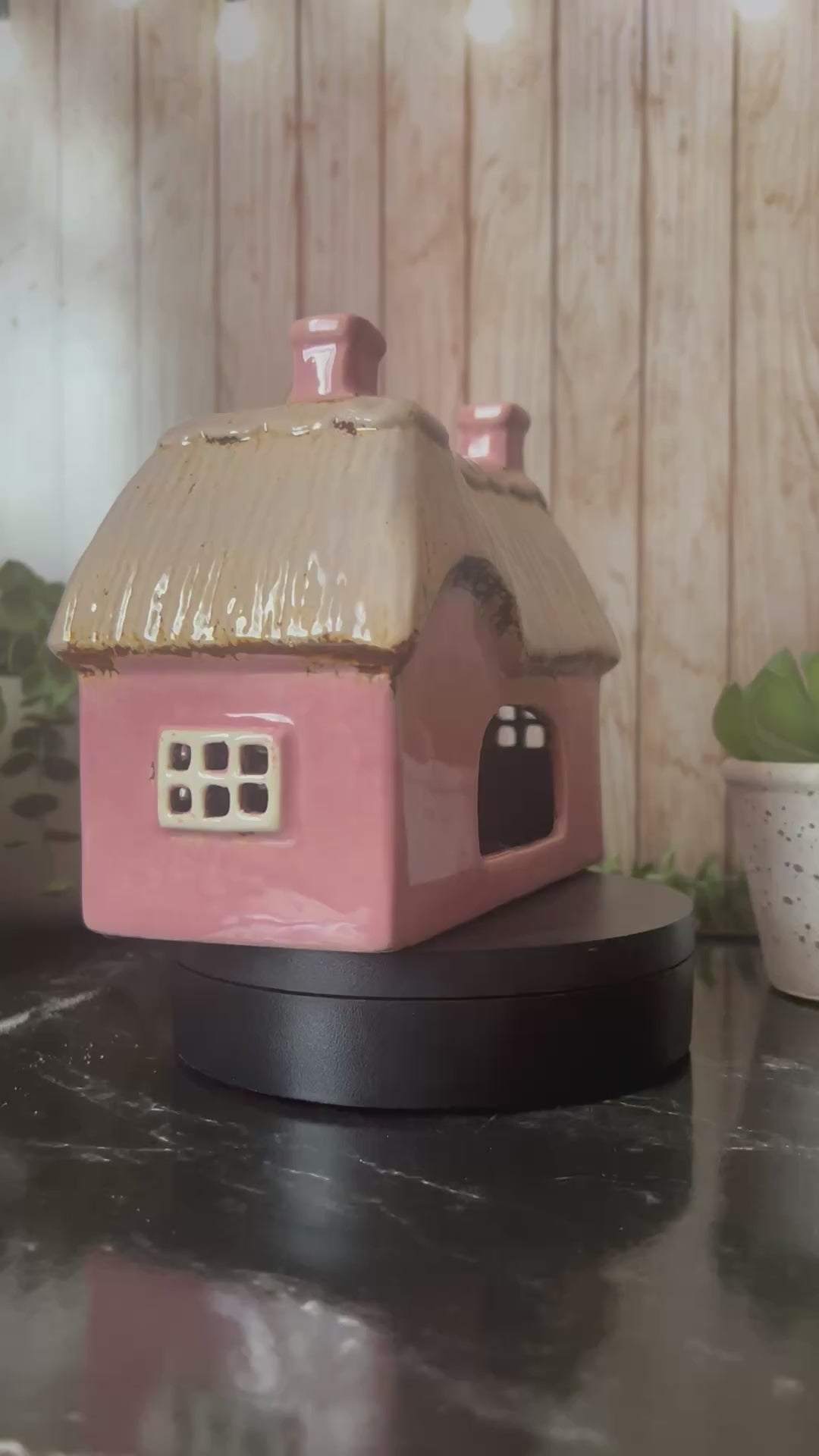 Pink Garden House with Cat at The Front Tea Light Holder