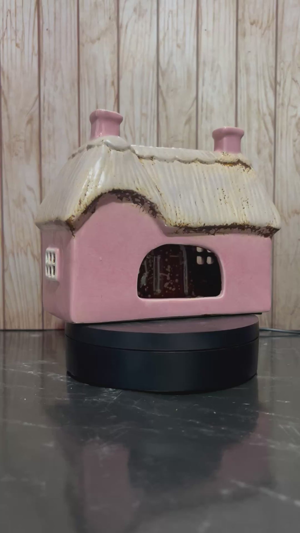 Pink Thatched Cottage Tea Light Holder with Cat and Bunting