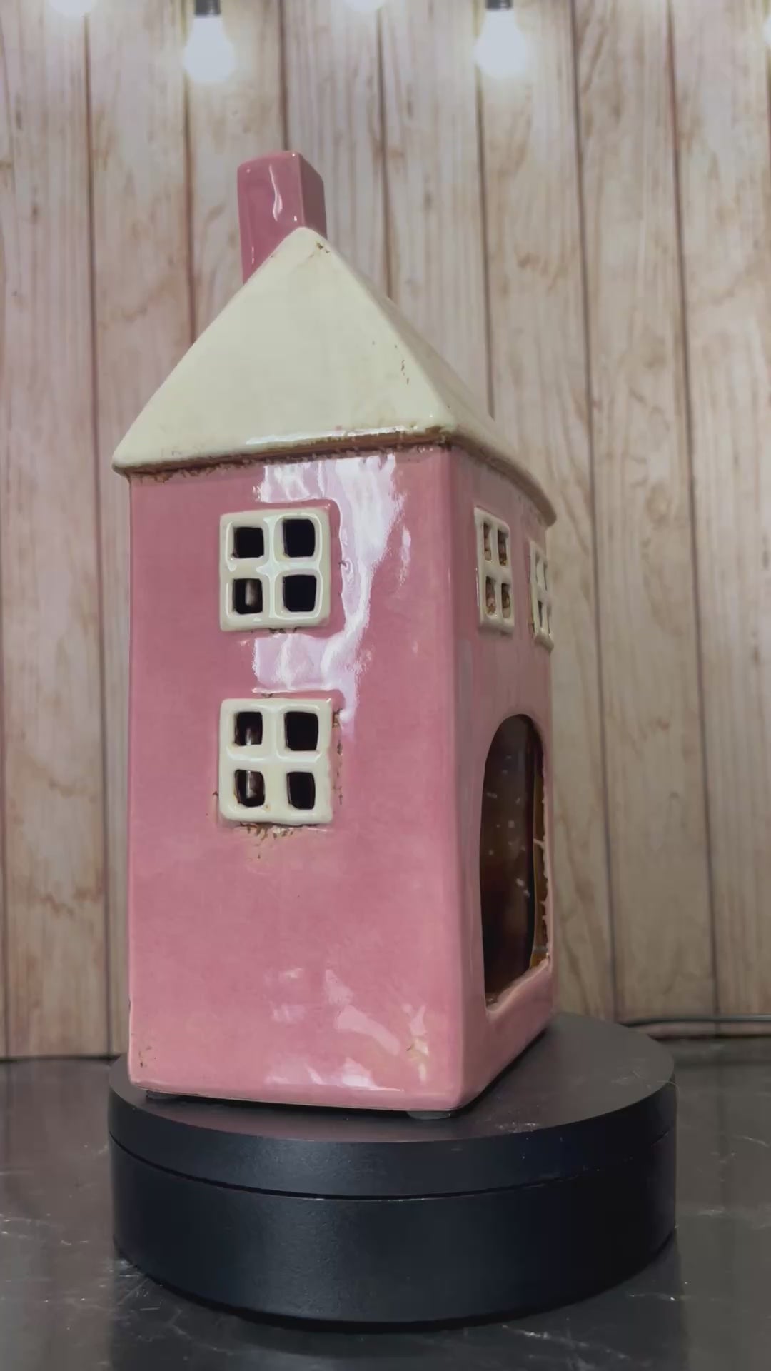 Tall Pink House Ceramic Tea Light Holder with Dormers