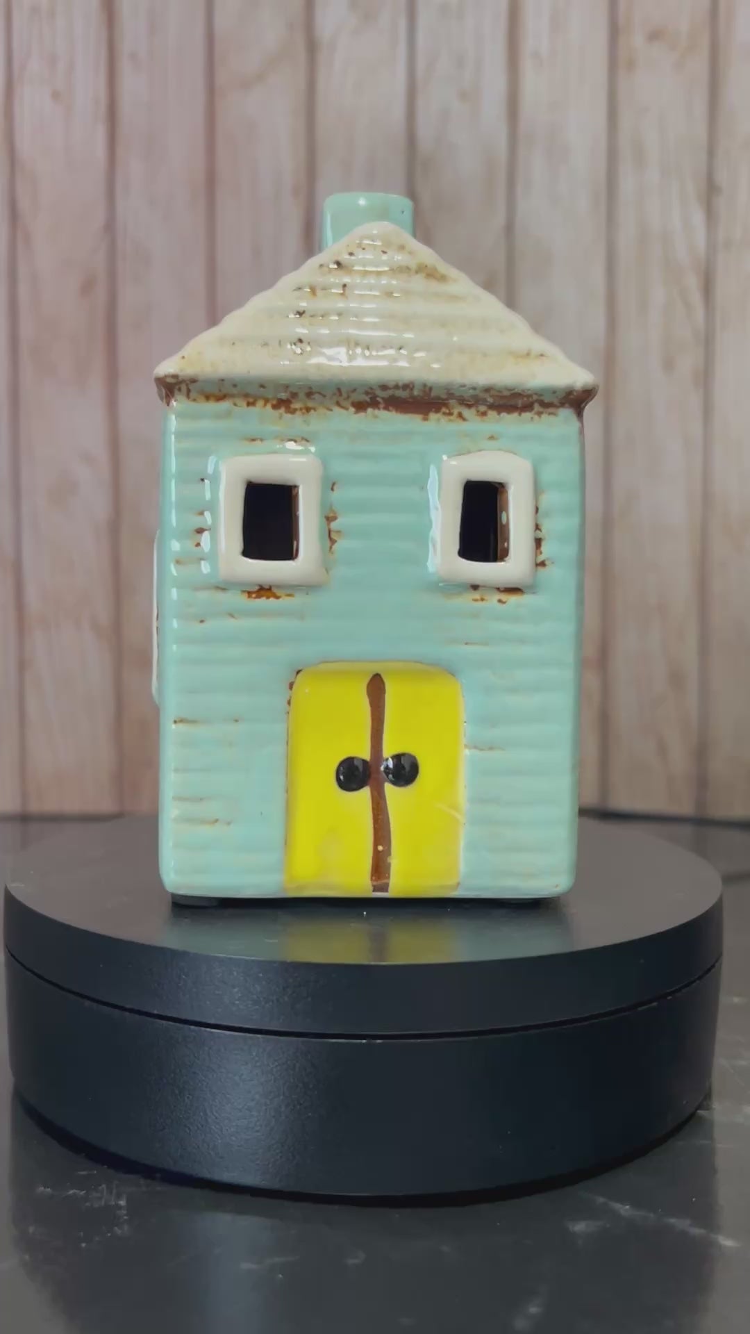 Blue House Ceramic Pottery Tea Light Holder7cm W x 7cm D x 12cm H